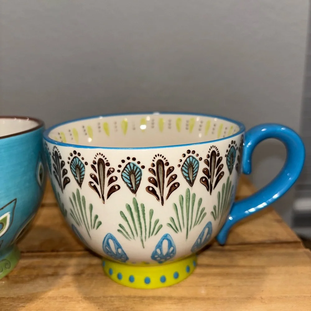 Set of 2 Pier 1 Imports Dolomite Ellie Peacock Hand Painted Footed Mugs 16oz